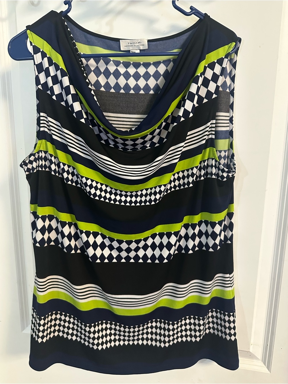 Tahari ASL Lime, Black & White Draped Neck Geometric Stripe Tank
